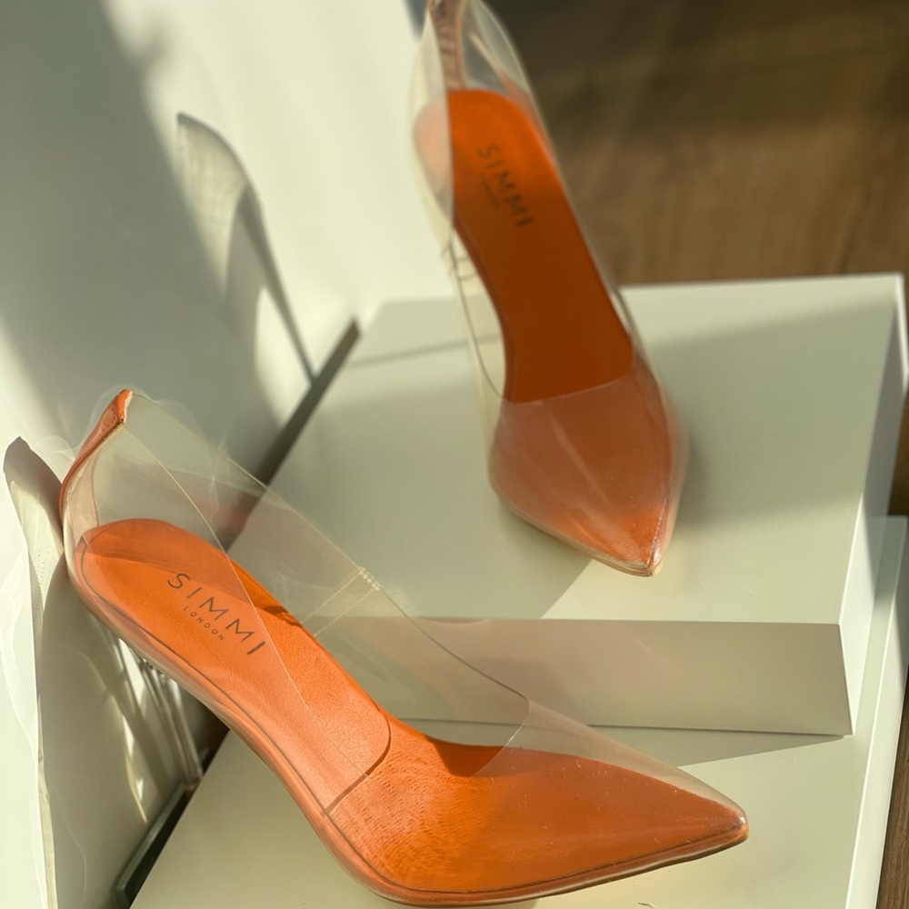 SIMMI “CHARLOTTE” orange patent/clear heels